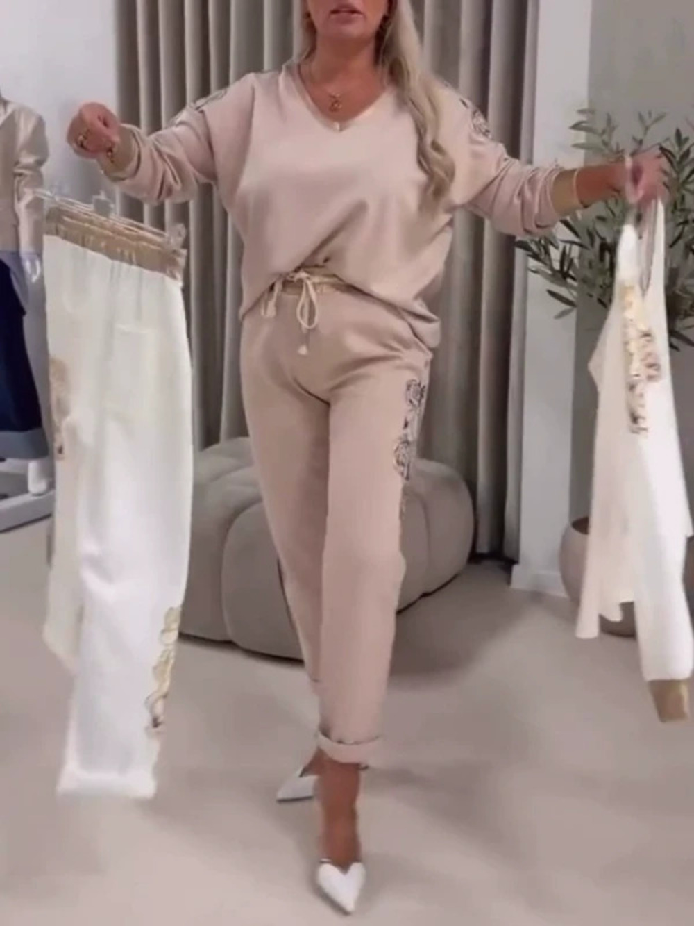 ZARA Spring Fashion Print Long Sleeve Crewneck Sweatsuit